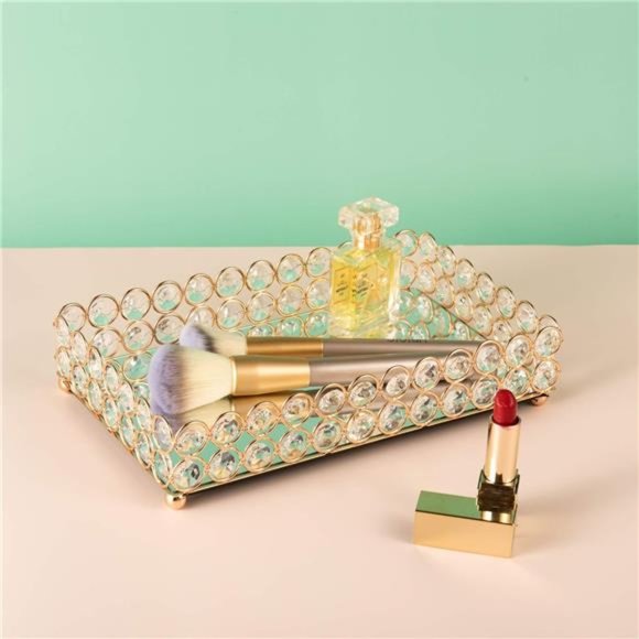 Crystal Mirrored Cosmetic Tray Vanity Rectangle Jewelry Trinket Organizer Tray - Picture 7 of 7